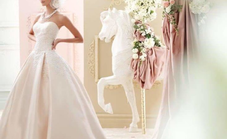 Pleated blush wedding dress